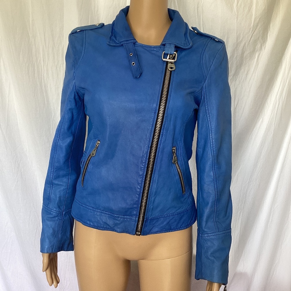 DOMA Blue Leather Moto Jacket Size Small